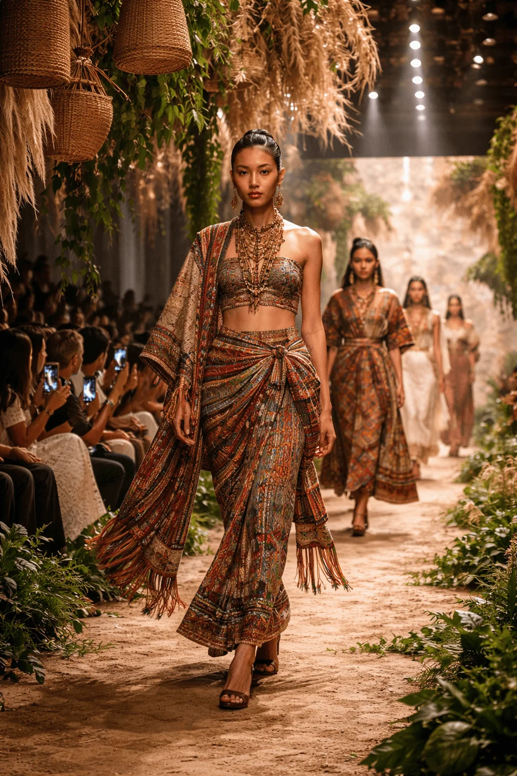 Model walking down a nature inspired runway wearing a traditional patterned outfit with draped fabric and intricate detailing surrounded by greenery woven decor and earthy textures creating a blend of cultural heritage and sustainable fashion