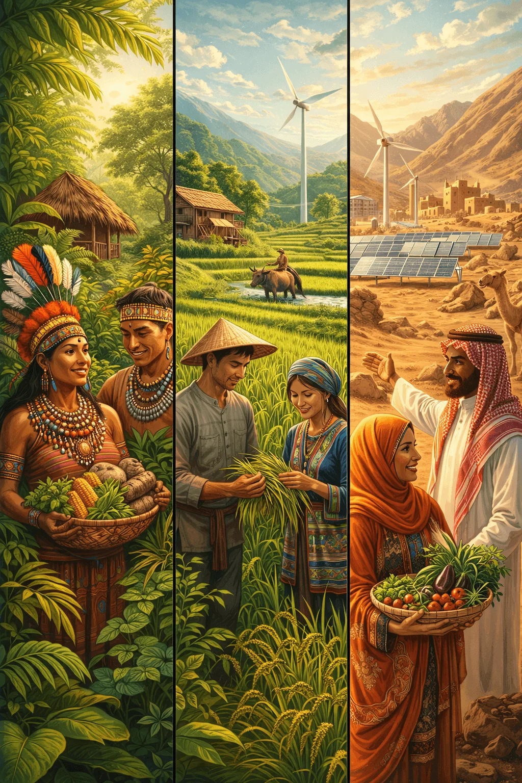 Triptych style illustration showing diverse cultures and sustainable living with people harvesting crops in a lush tropical setting farmers working in green rice fields with wind turbines and a desert community using solar panels and renewable energy while holding fresh produce
