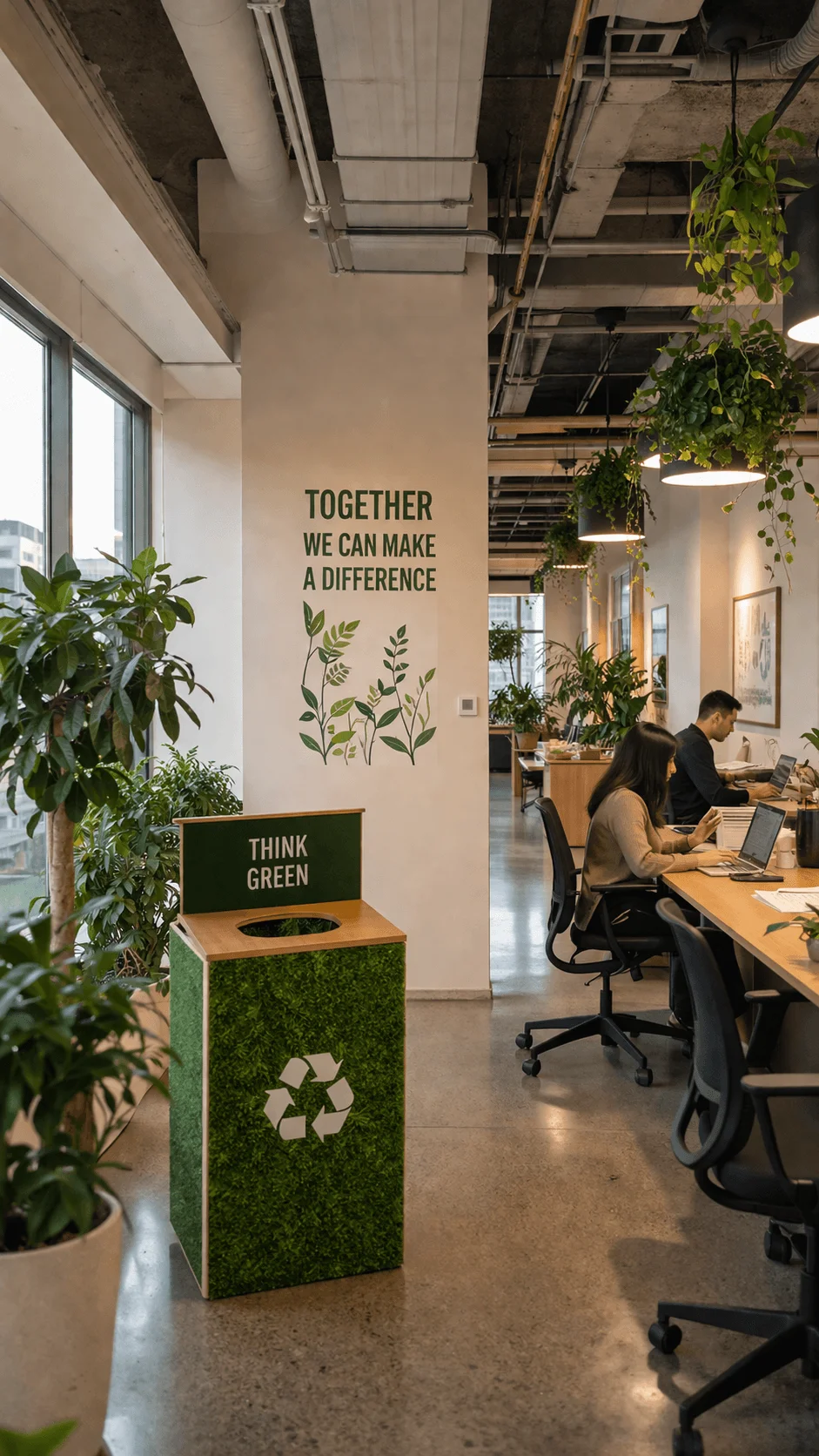 Modern sustainable office with indoor plants natural light eco messaging on walls and recycling station beside collaborative work desks