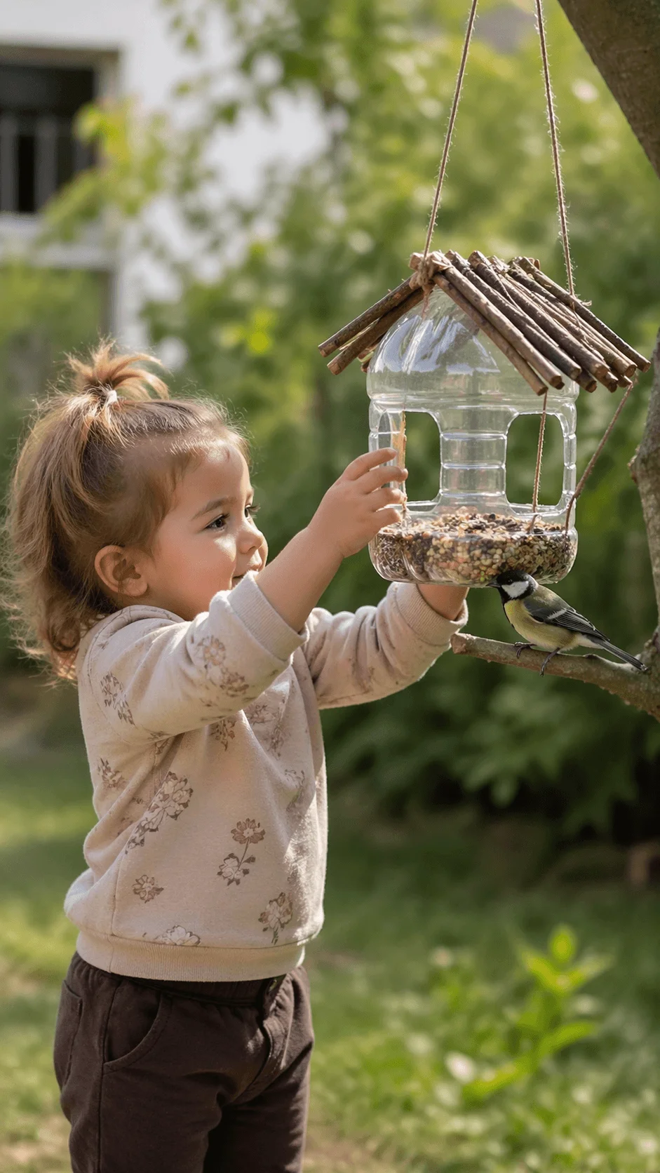 Toddler hanging a homemade bird feeder made from a recycled plastic bottle filled with seeds while a small bird perches nearby
