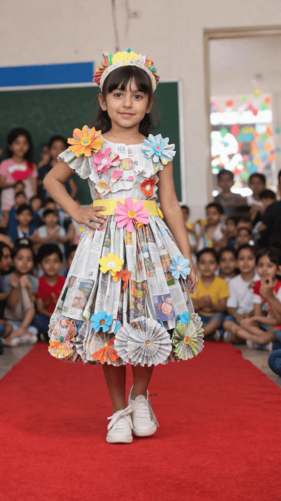 Young girl walking a runway in a school fashion show wearing a dress made from recycled newspaper decorated with colorful paper flowers, with an audience of children in the background.