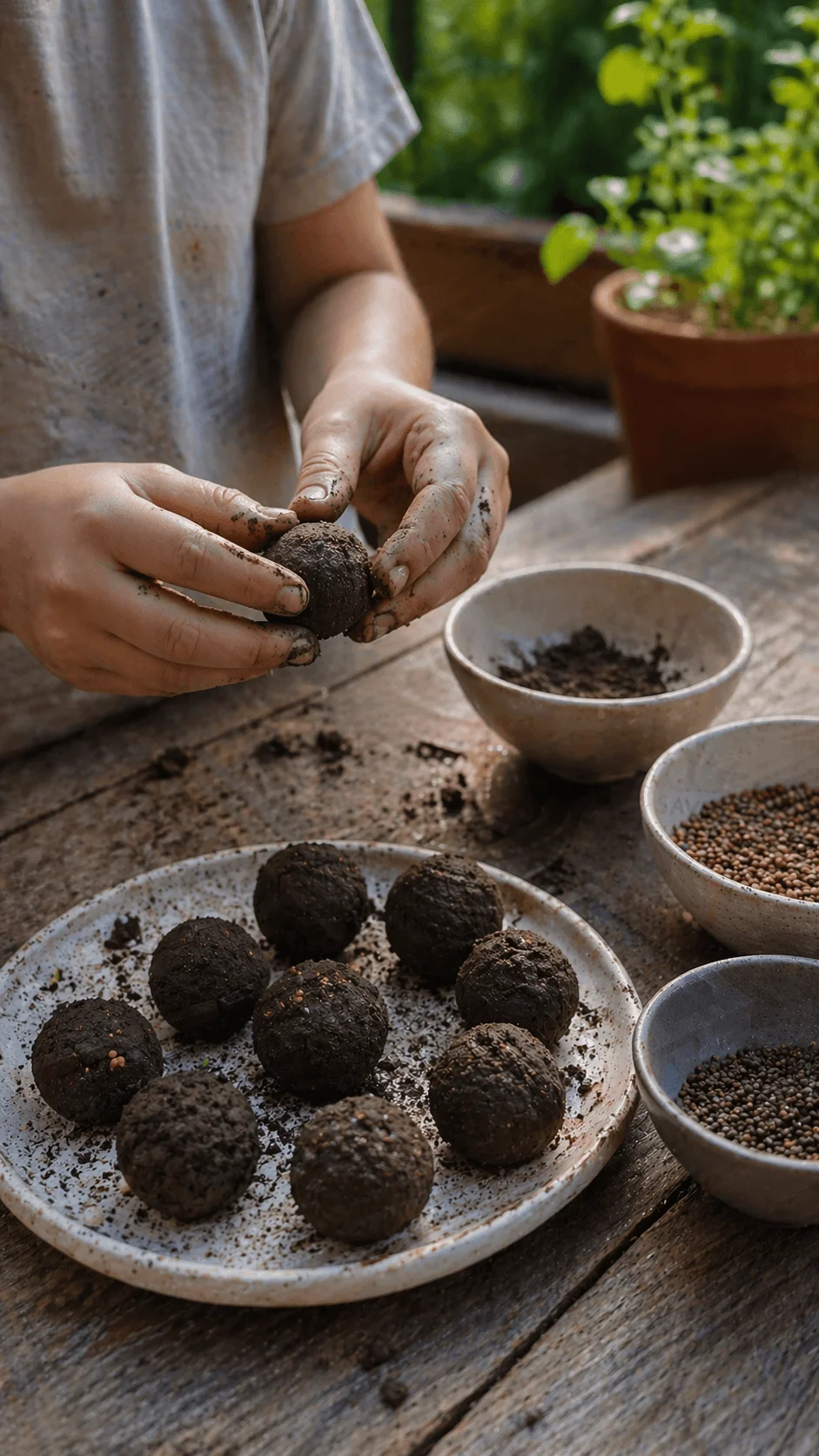 Hands making seed bombs with soil and seeds on a plate surrounded by bowls of materials on a wooden table