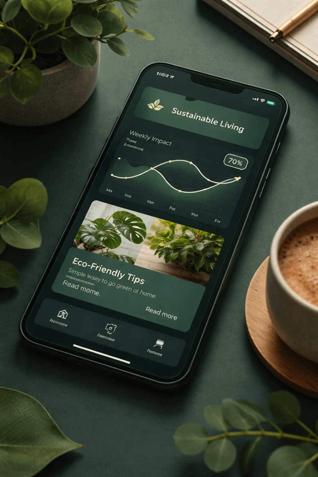 Smartphone displaying sustainable living app in dark green interface with weekly impact graph eco friendly tips and plant imagery placed on a desk with coffee and greenery creating a calm modern digital lifestyle scene