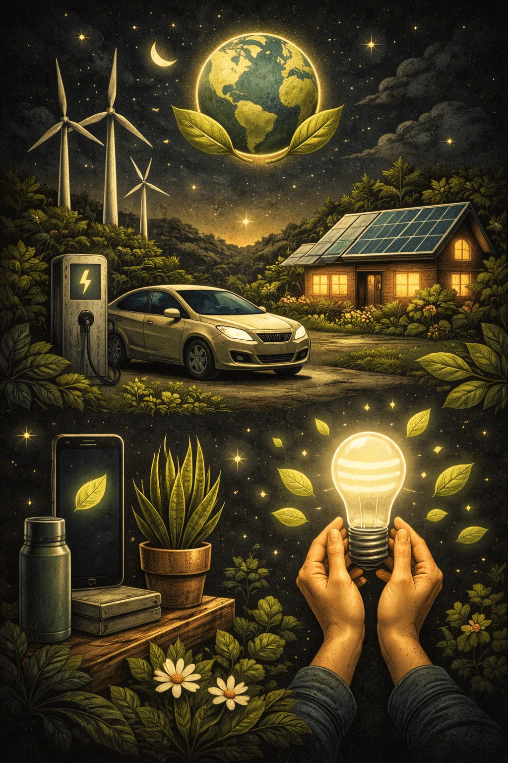 Dark themed illustration of sustainable living with an electric car charging station solar powered house wind turbines glowing Earth hands holding a light bulb and eco friendly elements under a starry night sky