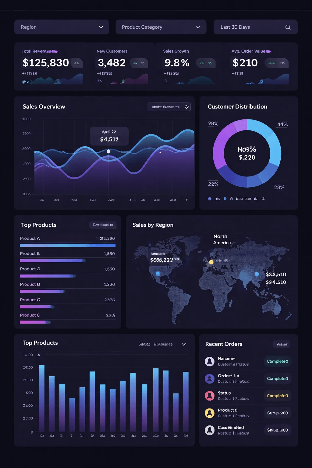 Dark themed analytics dashboard displaying revenue customers sales growth order value charts customer distribution regional sales map top products and recent orders data