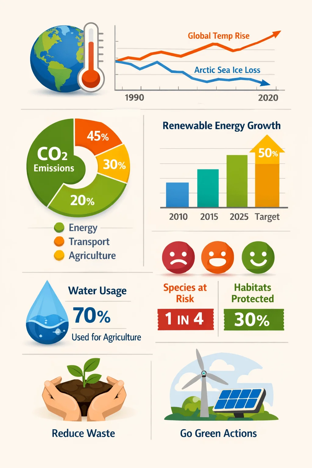 Infographic showing climate data with global temperature rise and arctic ice loss trends CO2 emissions breakdown renewable energy growth water usage statistics species at risk habitats protected and sustainability actions icons