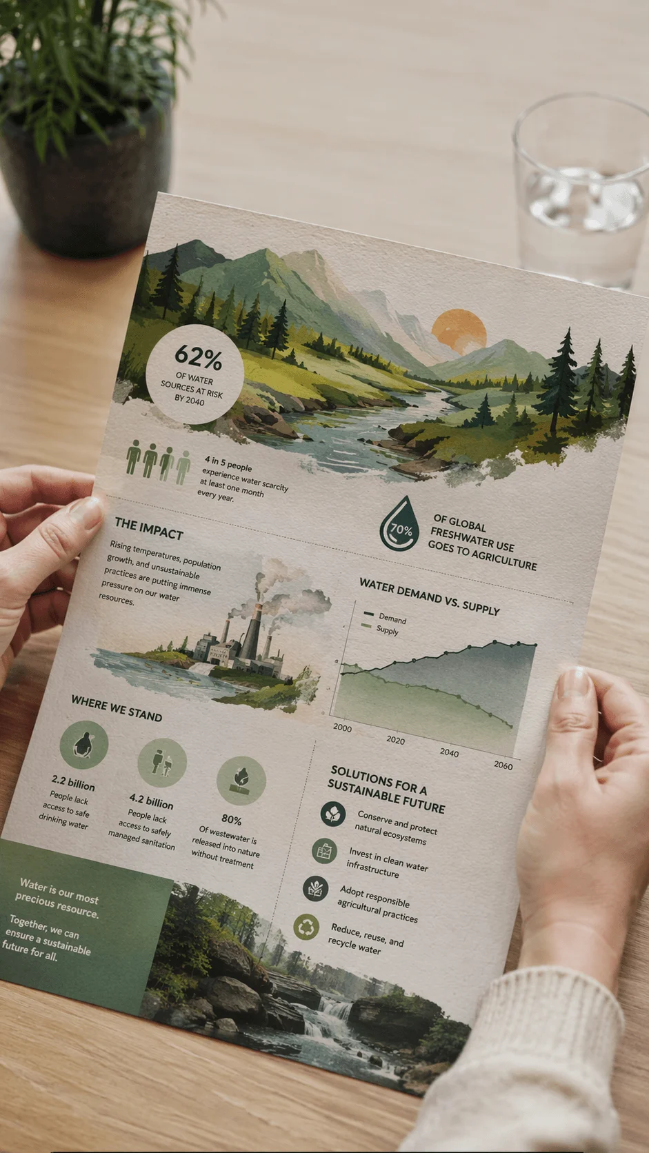 Hands holding an environmental infographic poster about water scarcity featuring illustrated landscapes statistics charts icons and text highlighting water demand impact and sustainable solutions on a wooden table