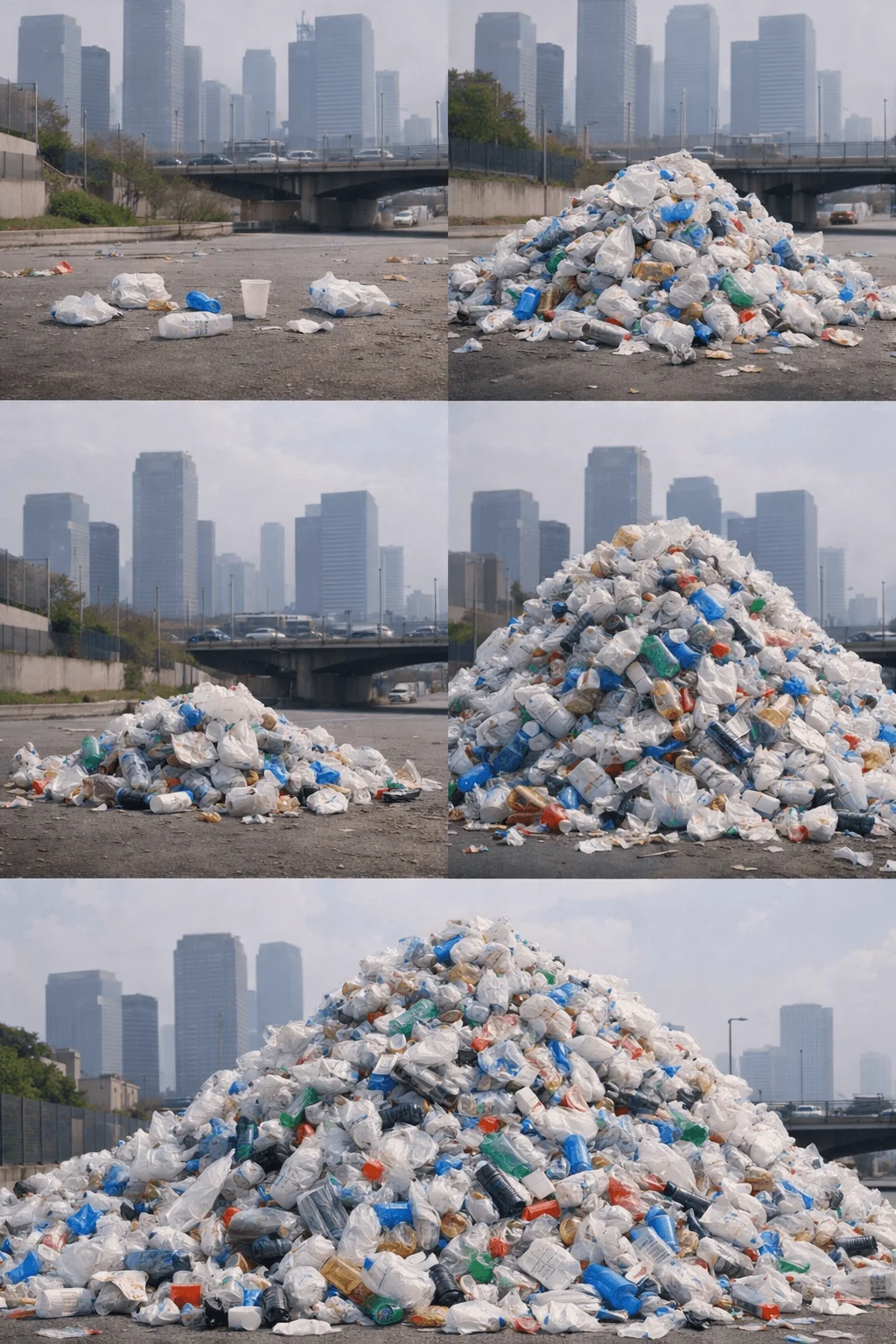 Series of urban scenes showing plastic waste accumulation on a city street starting with scattered litter and building into a massive pile of plastic bags and bottles with skyscrapers in the background