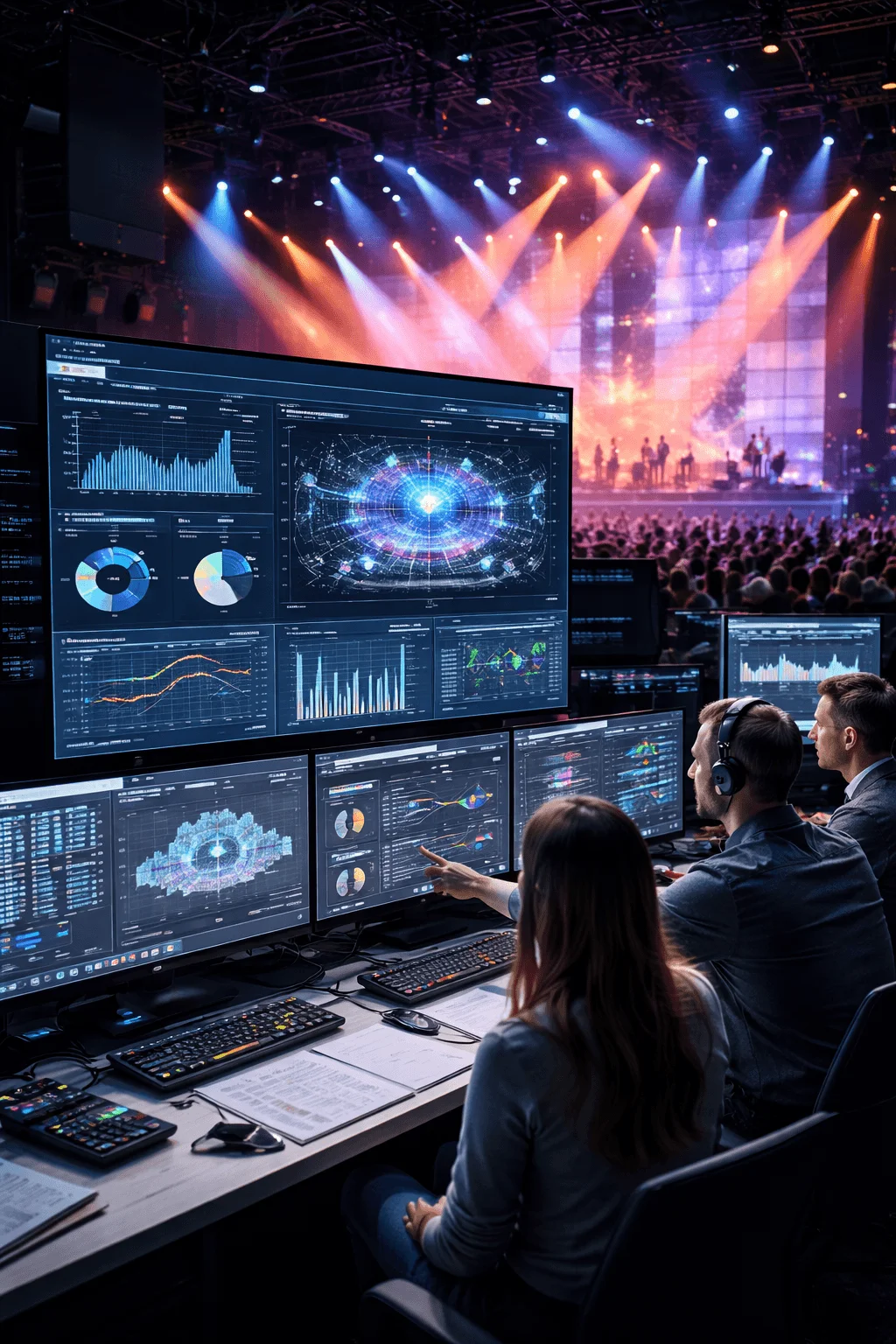 Control room team analyzing data on multiple screens with charts and visualizations while managing a live stage event with lighting and audience in the background