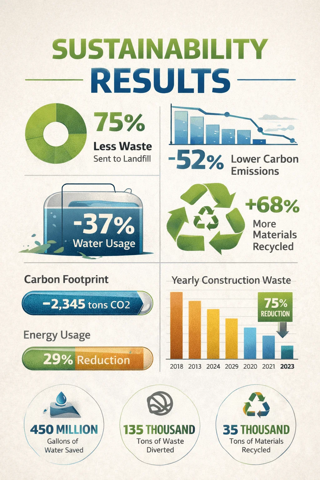 sustainability results infographic showing reductions in waste carbon emissions water usage and energy along with increased recycling and overall environmental impact metrics