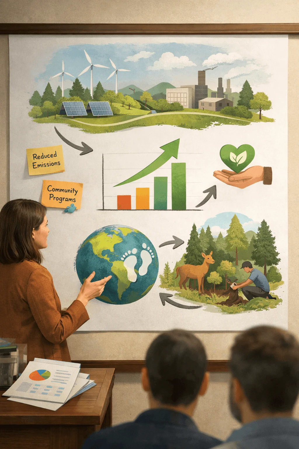 Person presenting a sustainability strategy board showing renewable energy with wind turbines and solar panels reduced emissions community programs environmental impact chart growing upward global footprint awareness and forest conservation with tree planting and wildlife protection