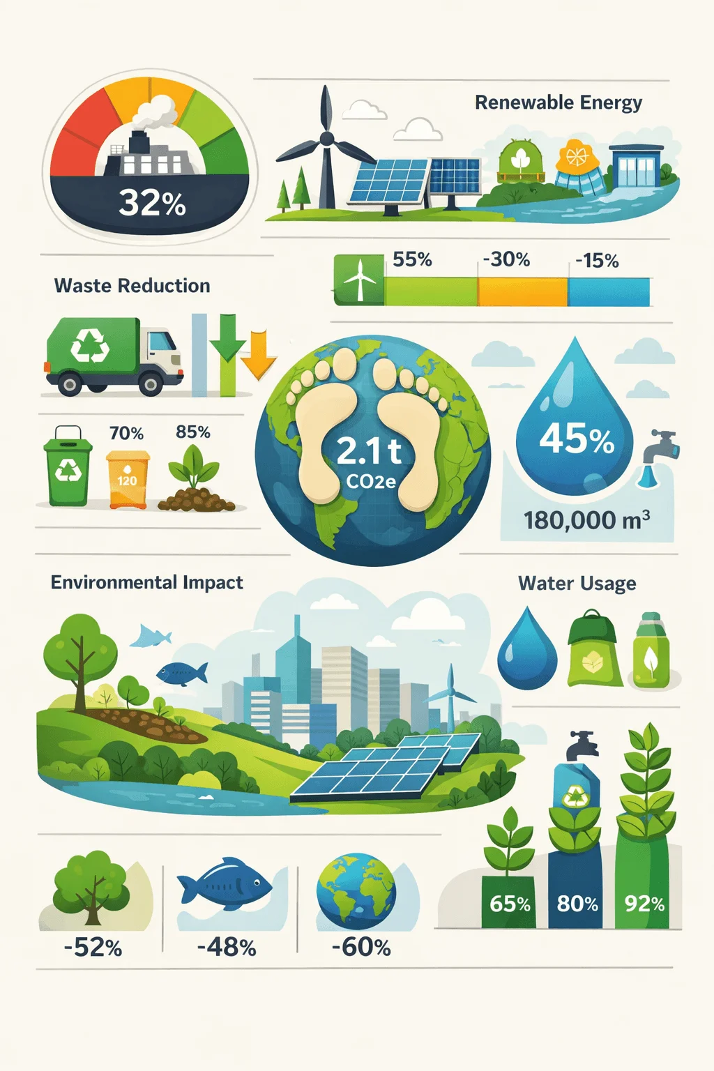 Sustainability infographic showing waste reduction renewable energy water usage and environmental impact with charts icons and global carbon footprint data