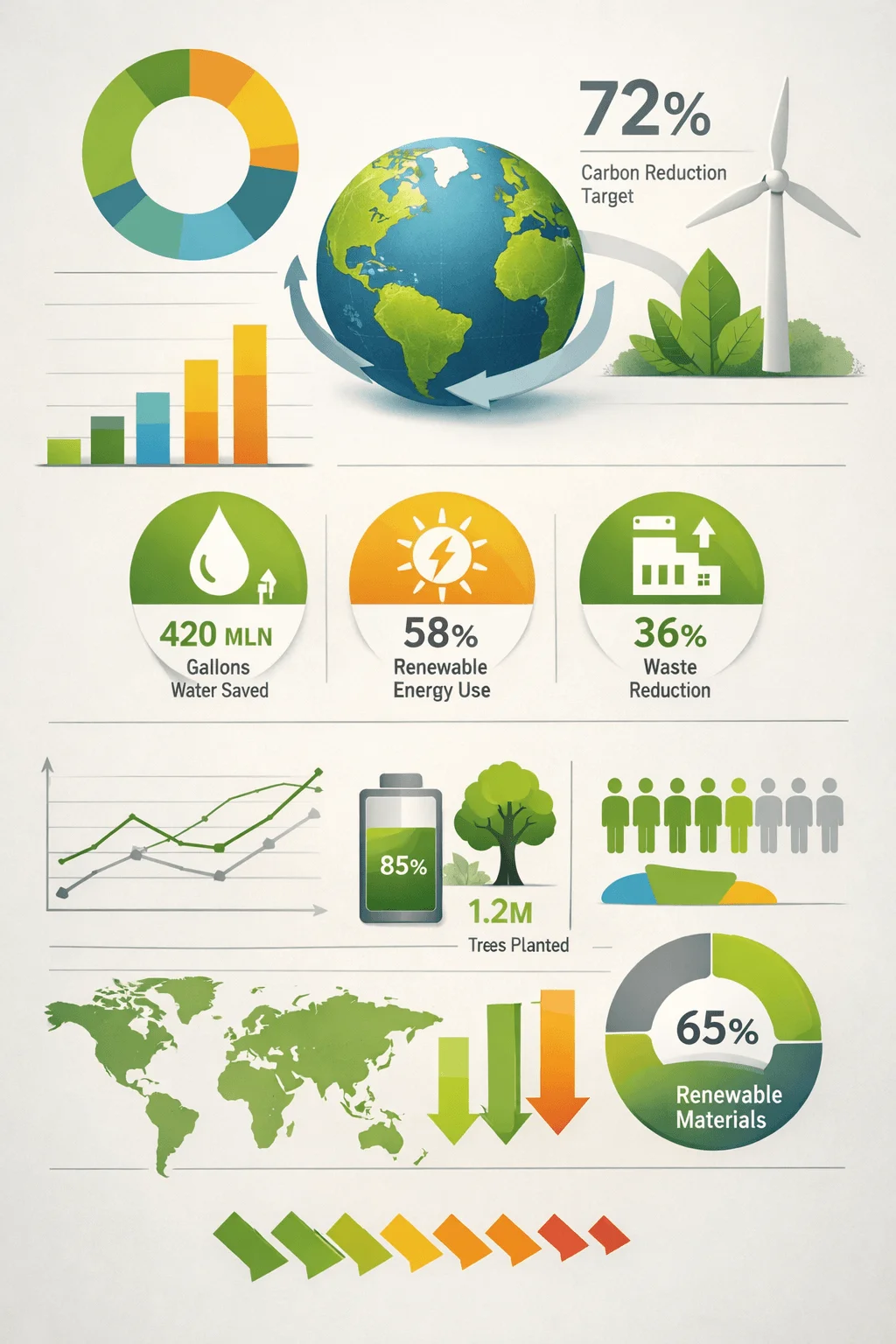 Sustainability data visualization showing charts and infographics with a central globe carbon reduction target wind turbine and eco icons alongside metrics like water saved renewable energy use waste reduction trees planted renewable materials and global trends in a clean modern layout