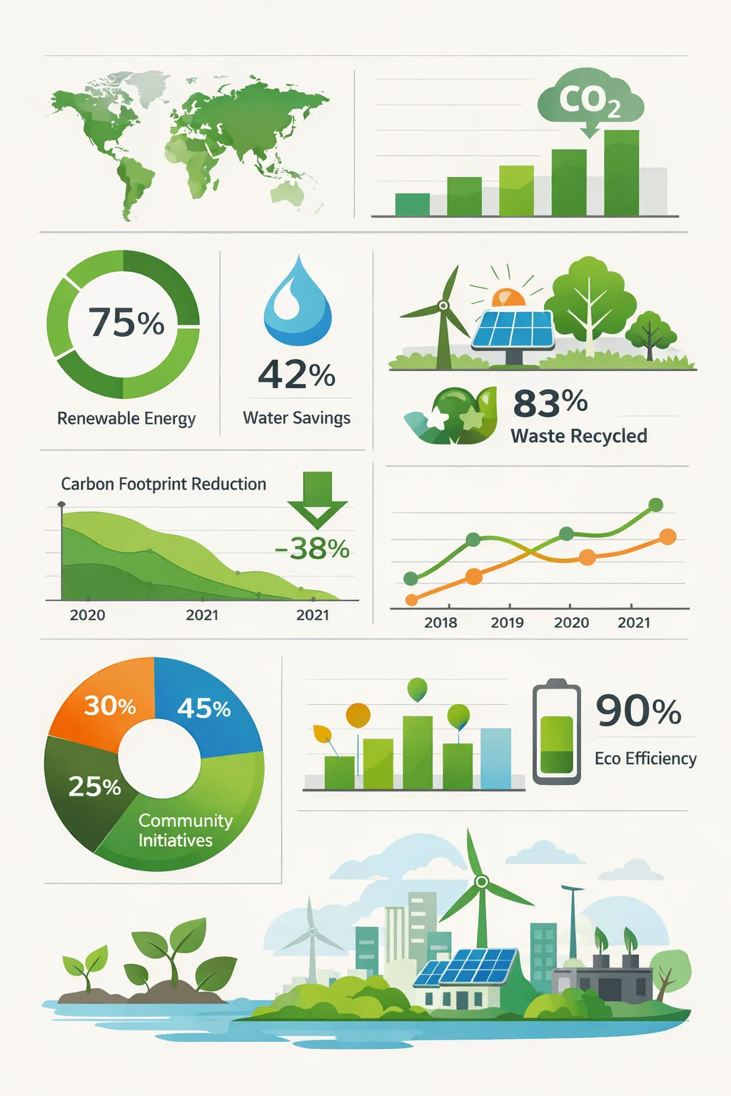 Sustainability data visualization infographic showing renewable energy usage water savings waste recycling carbon footprint reduction eco efficiency and community initiatives with charts and green energy illustrations