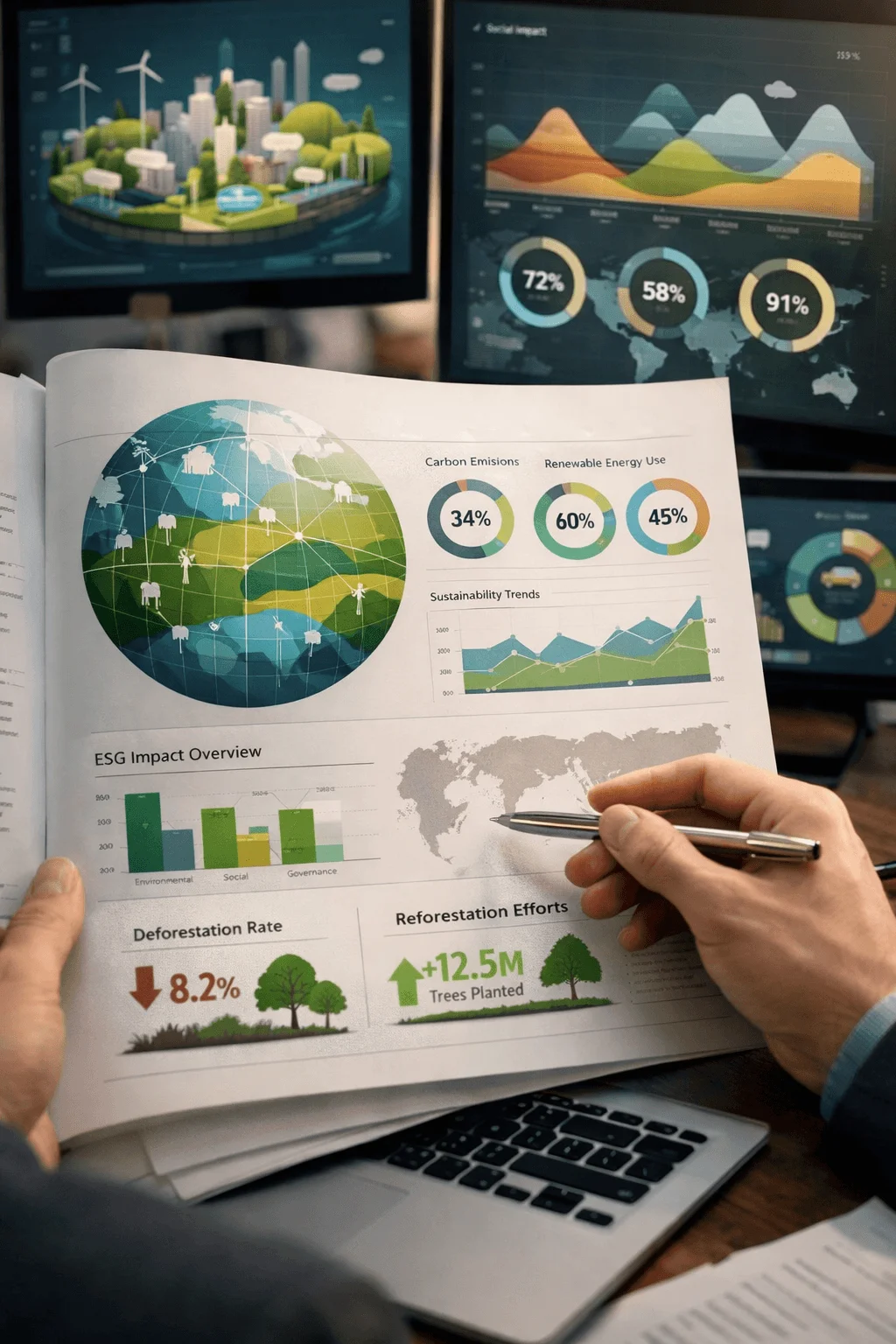 Person reviewing a printed sustainability report with ESG impact charts carbon emissions renewable energy use and sustainability trends alongside digital screens displaying data visualizations and environmental metrics