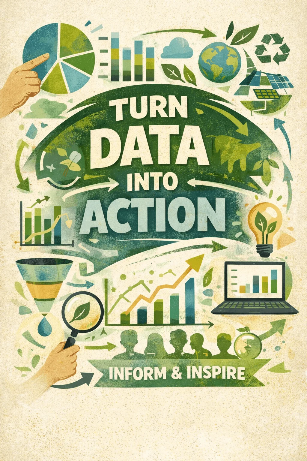Eco themed infographic with charts icons and arrows showing data analysis leading to sustainable action with elements of renewable energy recycling and environmental impact