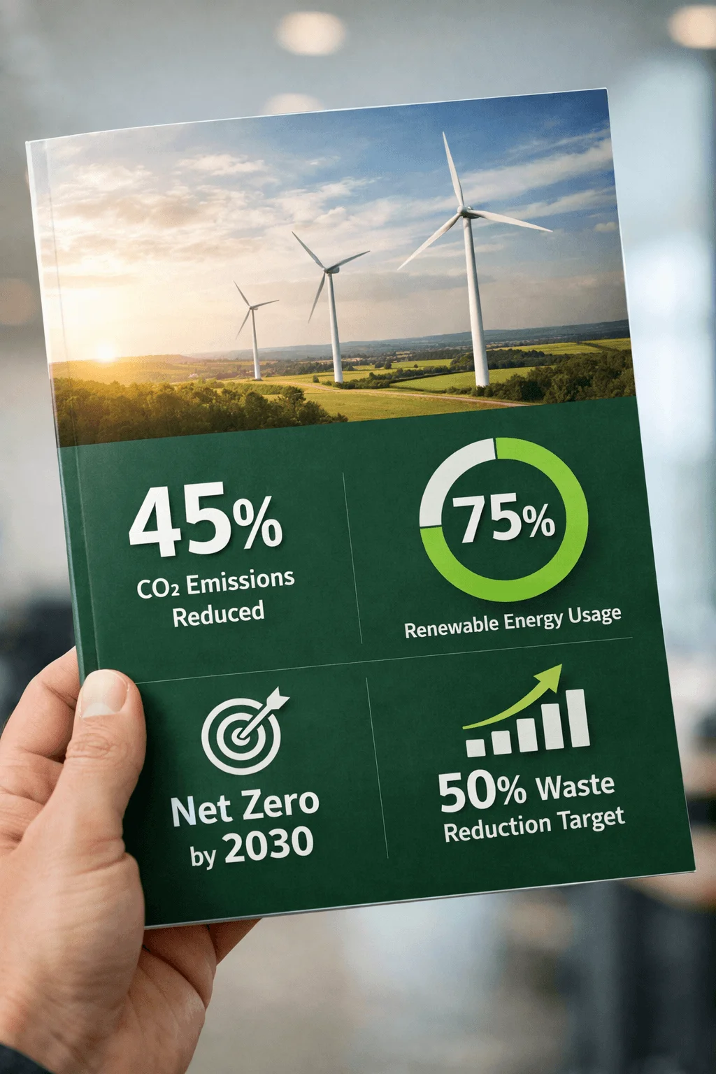 Sustainability report cover held in hand featuring wind turbines and key environmental metrics including 45 percent CO2 emissions reduced 75 percent renewable energy usage net zero by 2030 and 50 percent waste reduction target.