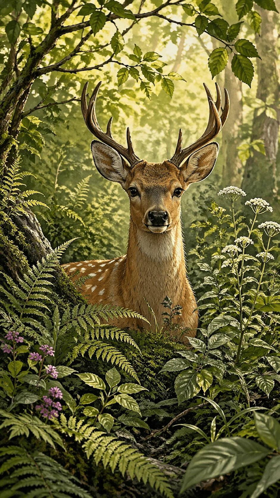 Deer standing in a lush forest surrounded by green plants ferns and wildflowers in soft sunlight representing wildlife and natural biodiversity