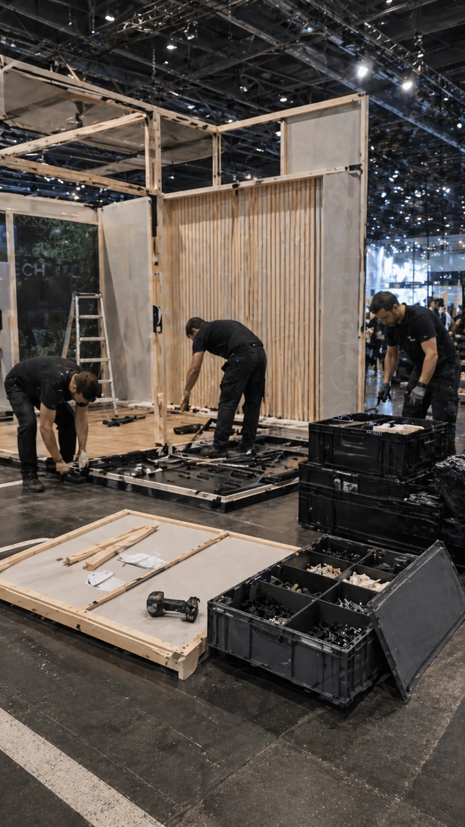Workers assembling and disassembling a modular exhibition booth with reusable components tools and organized parts for sustainable design