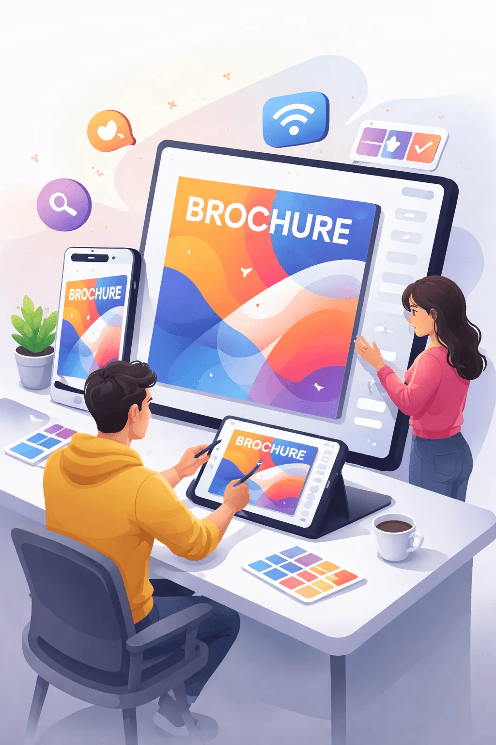 Illustration of designers creating a digital brochure across desktop tablet and mobile screens with colorful layouts interface elements and collaborative workspace setup
