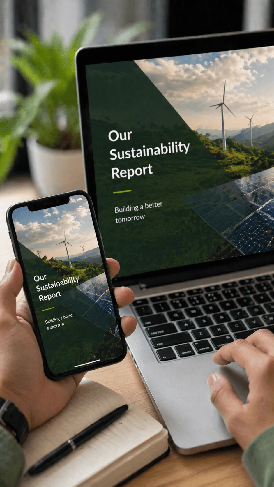 Digital sustainability report displayed on laptop and smartphone screens showing wind turbines and solar panels with the message Our Sustainability Report Building a better tomorrow representing modern digital first reporting.