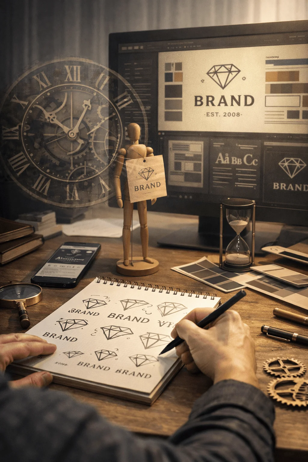 Designer sketching timeless brand logos in a notebook at a desk with a computer screen showing branding elements surrounded by vintage clock hourglass and creative tools in a warm studio setting