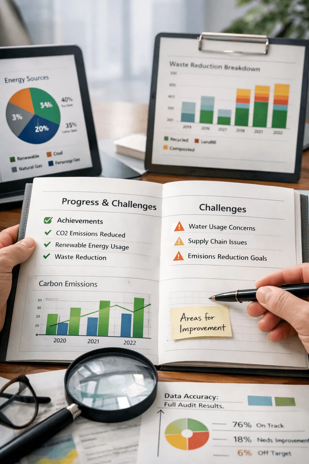 sustainability report review showing progress and challenges with charts achievements checklist and highlighted areas for improvement on desk with magnifying glass