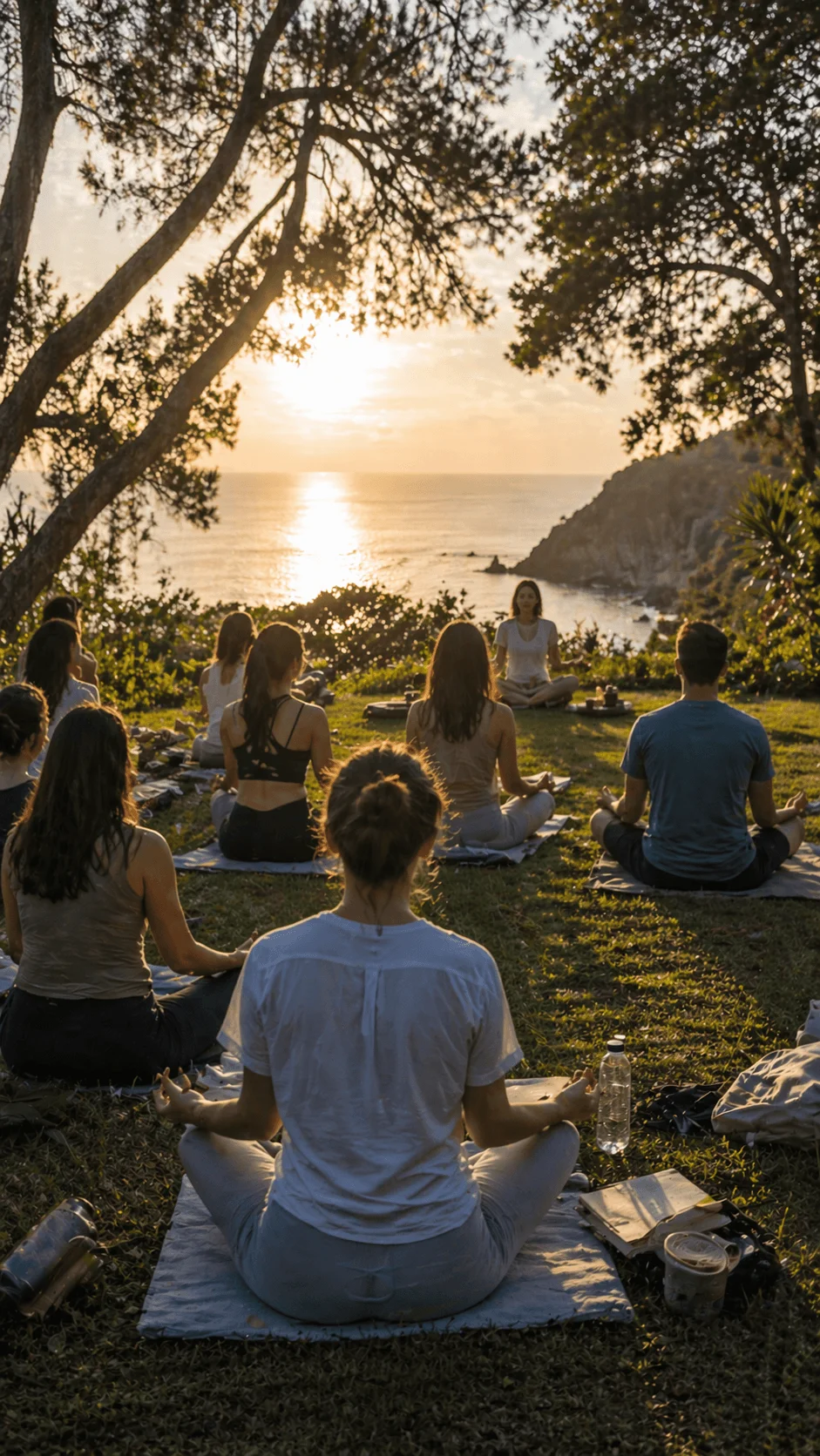 Group of people practicing meditation at sunset by the ocean surrounded by nature creating a peaceful digital detox experience