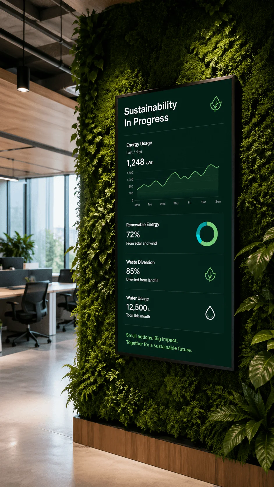 Modern office interior with vertical green wall and digital display showing sustainability metrics energy usage renewable energy waste diversion and eco friendly workspace design
