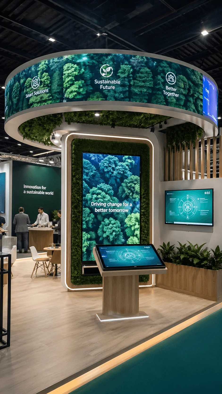 Digital first sustainable exhibition booth with large interactive screens greenery accents circular overhead display and modern eco themed presentation