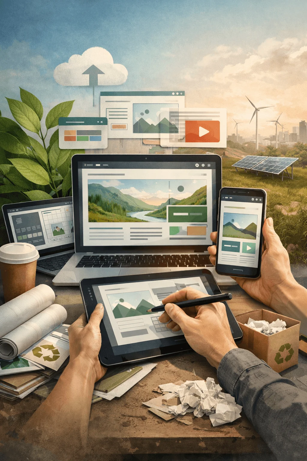 Designer working across laptop tablet and smartphone creating eco friendly digital content with cloud interface renewable energy background and reduced paper waste concept