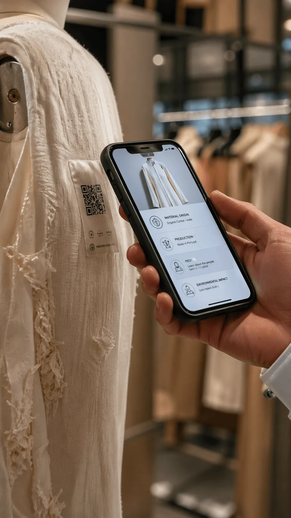 Person scanning a clothing tag with a smartphone displaying product details like material origin production people and environmental impact highlighting digital passport technology in sustainable fashion