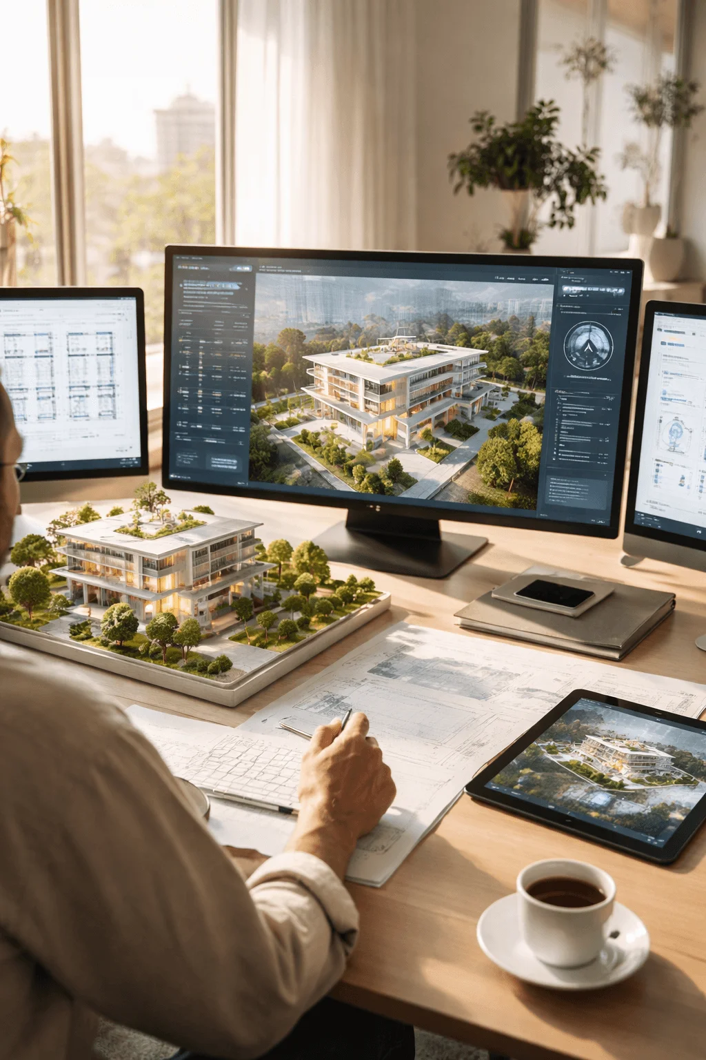 Digital twin technology and future visualization concept showing a designer working with multiple screens displaying a detailed 3D model of a sustainable building alongside physical models and architectural plans in a modern workspace