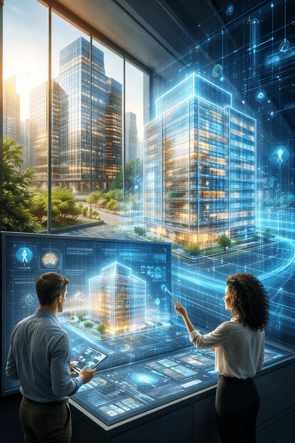 digital twin simulation illustration showing professionals interacting with virtual building model data analytics real time monitoring and smart city integration