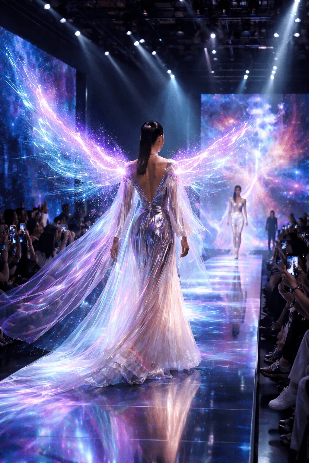 A model walks down a futuristic runway wearing a flowing iridescent gown with glowing digital wings projected behind her while an audience captures the moment with their phones