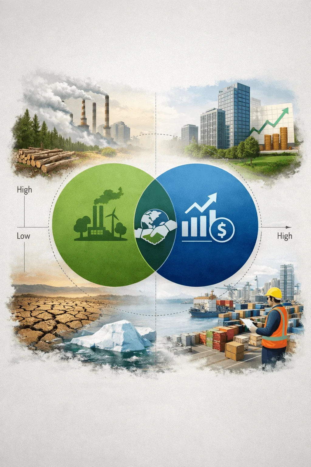 Double materiality concept illustration with environmental impact and financial performance shown in overlapping circles surrounded by scenes of industry climate change and global business activities