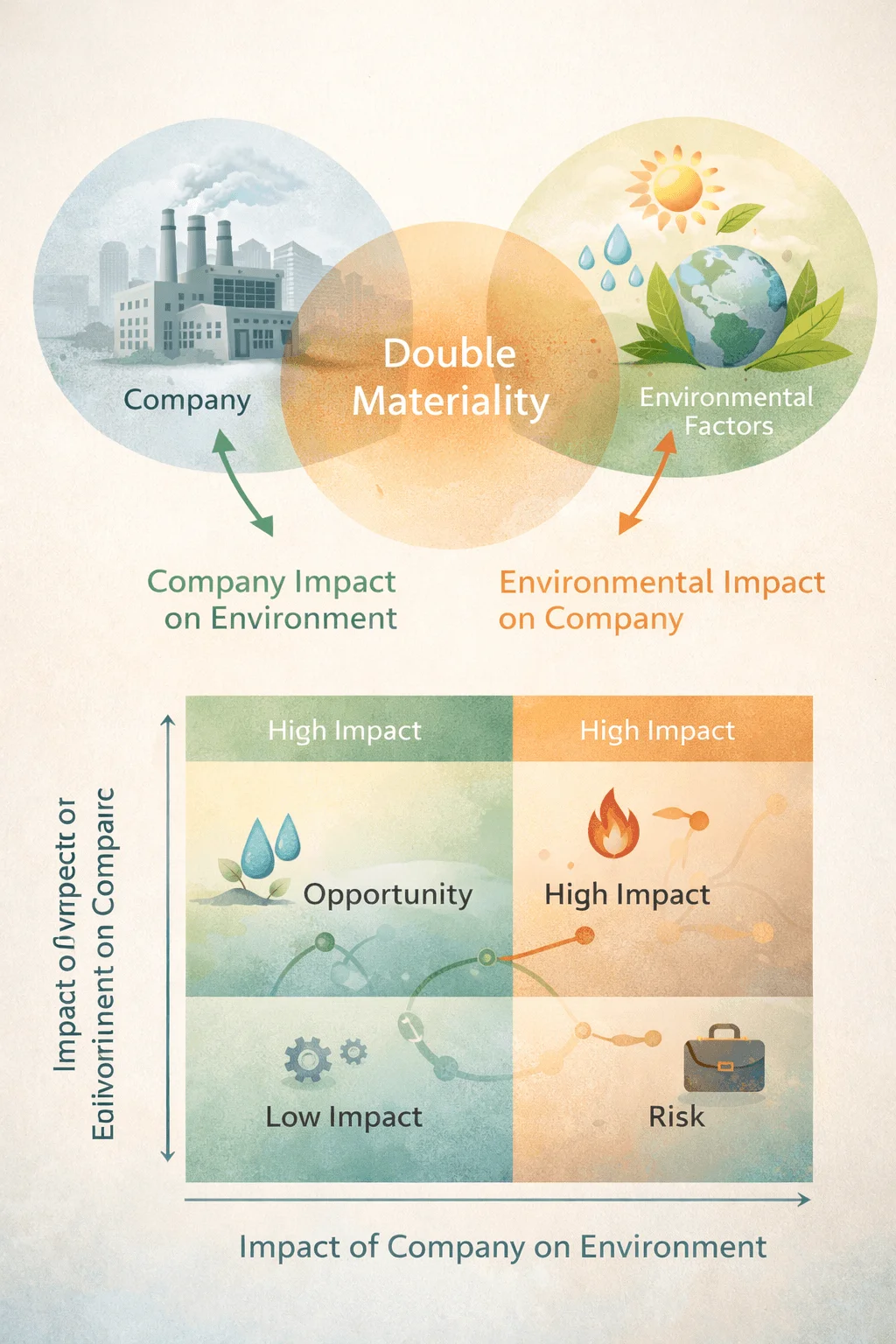 Infographic explaining double materiality showing relationship between company operations and environmental factors with company impact on environment and environmental impact on company illustrated through a matrix highlighting opportunity high impact low impact and risk categories