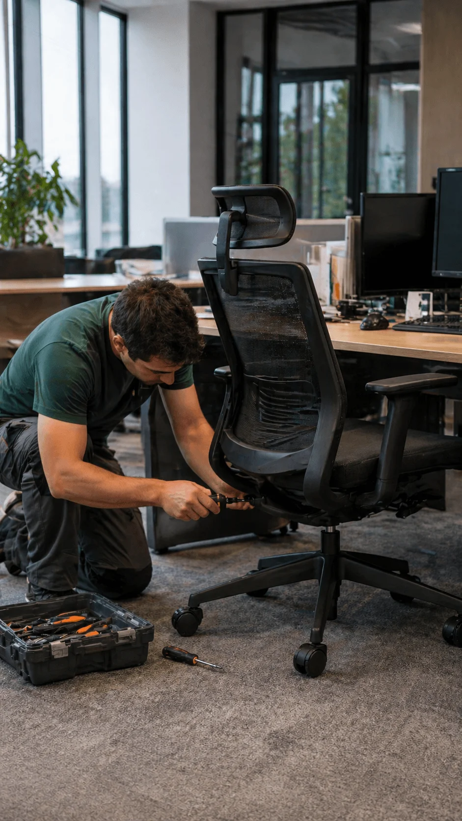 Office worker repairing ergonomic chair with tools highlighting durable repairable furniture and sustainable workspace practices