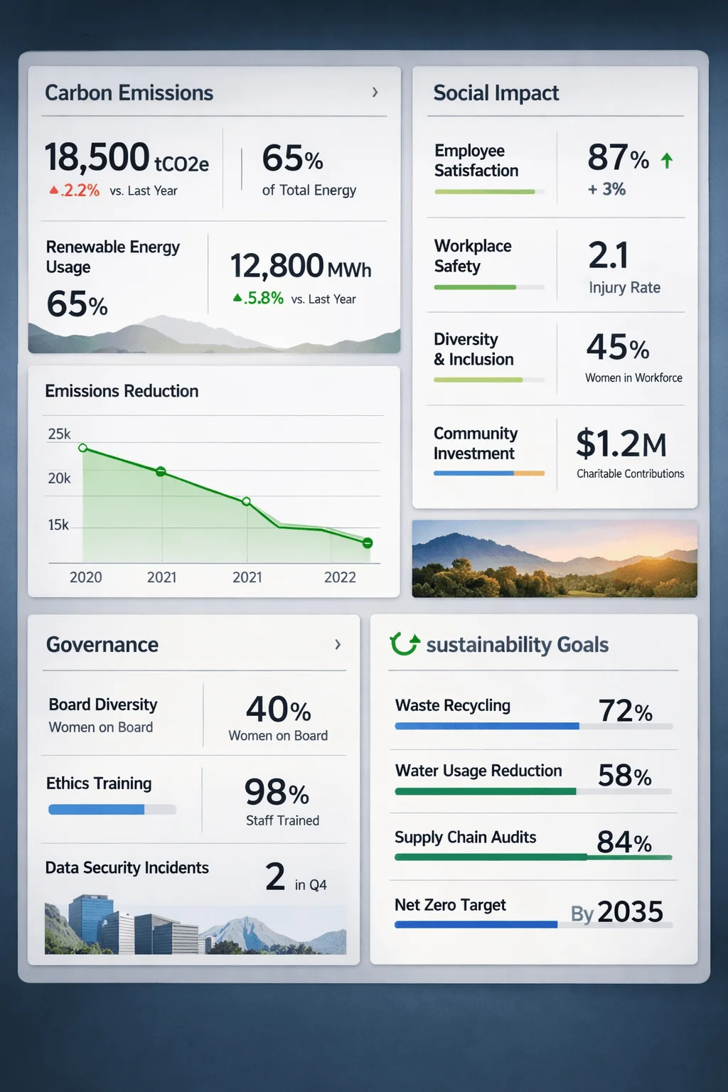 Sustainability dashboard showing carbon emissions at 18500 tco2e renewable energy usage at 65 percent emissions reduction trend from 2020 to 2022 employee satisfaction at 87 percent workplace safety injury rate 2.1 diversity with 45 percent women in workforce community investment of 1.2 million governance metrics including 40 percent women on board 98 percent staff trained in ethics two data security incidents and sustainability goals including 72 percent waste recycling 58 percent water usage reduction 84 percent supply chain audits and net zero target by 2035