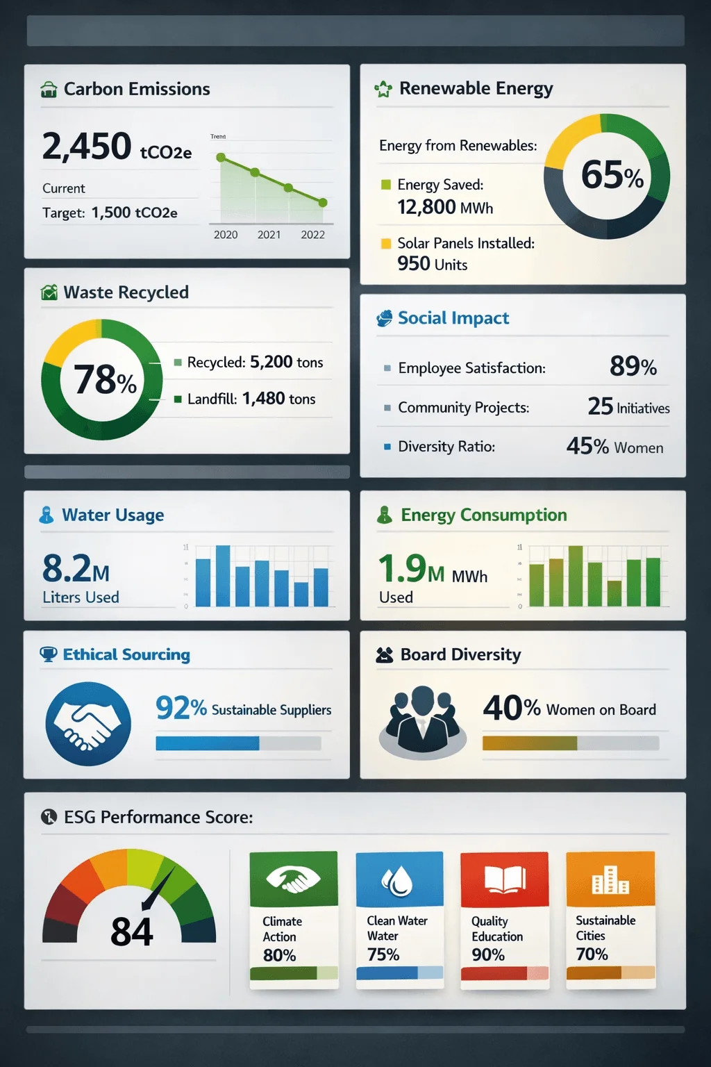 Sustainability dashboard showing carbon emissions renewable energy waste recycled social impact water usage energy consumption ethical sourcing board diversity and ESG performance score with charts percentages and icons in a clean modern layout