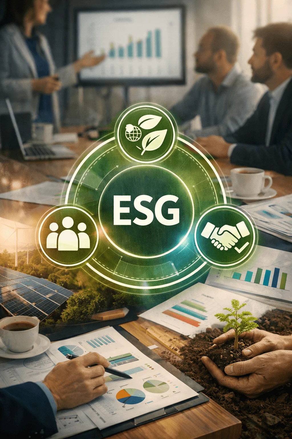 ESG concept illustration showing environmental social and governance icons over business meeting with charts renewable energy and hands planting a seedling on soil