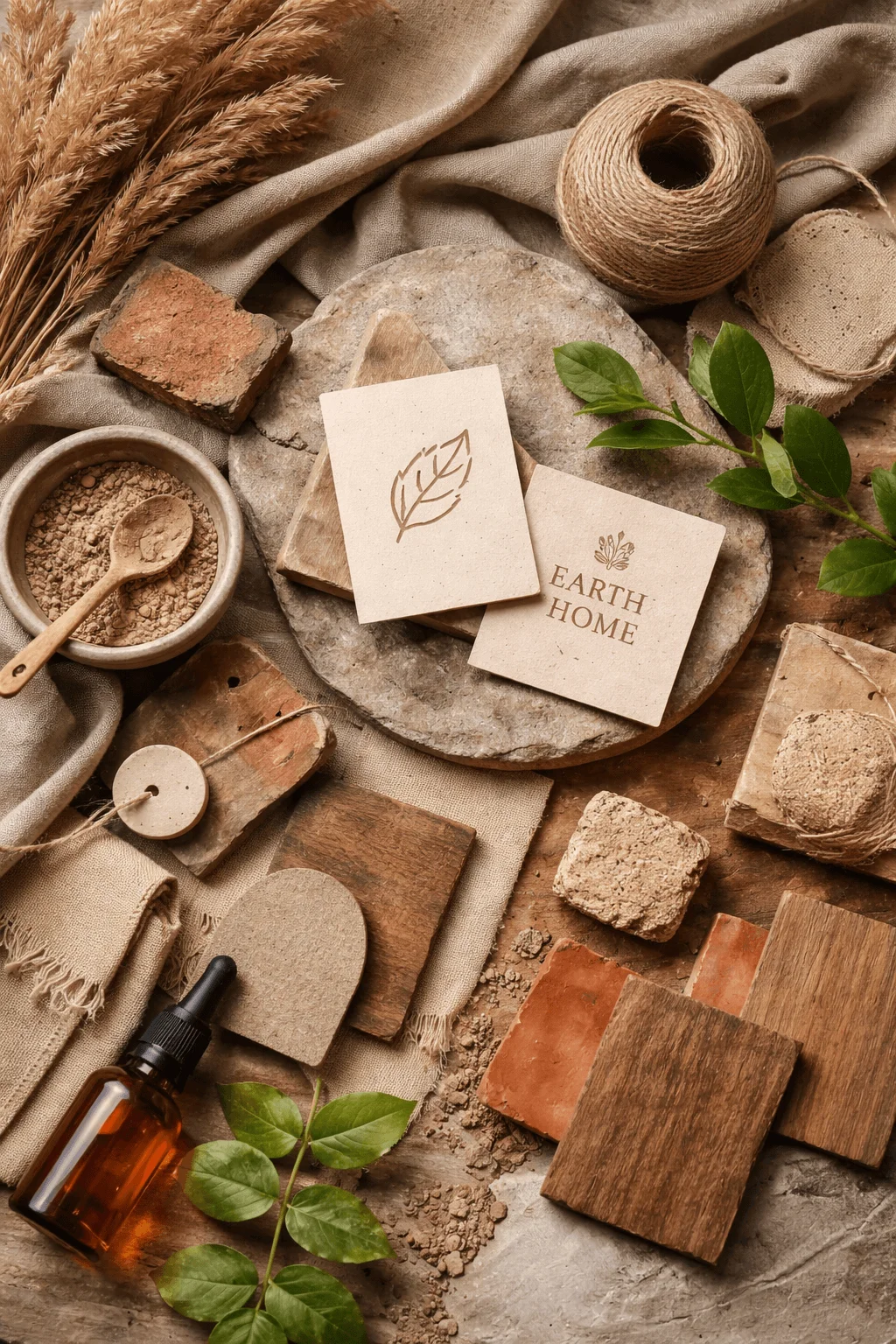 Earth based materials and visual identity concept showing natural textures like clay wood stone fabric and paper with organic branding elements leaves and earthy tones arranged in a cohesive sustainable design composition