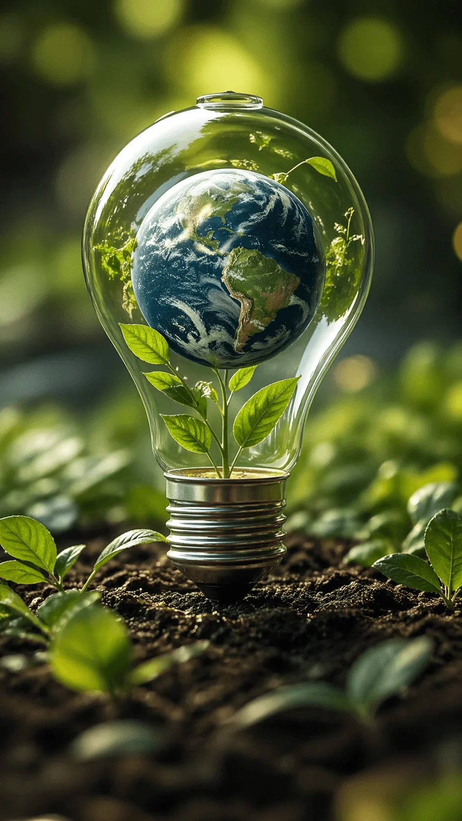 Light bulb placed in soil containing the earth globe with a small green plant growing inside surrounded by lush greenery symbolizing sustainability and clean energy