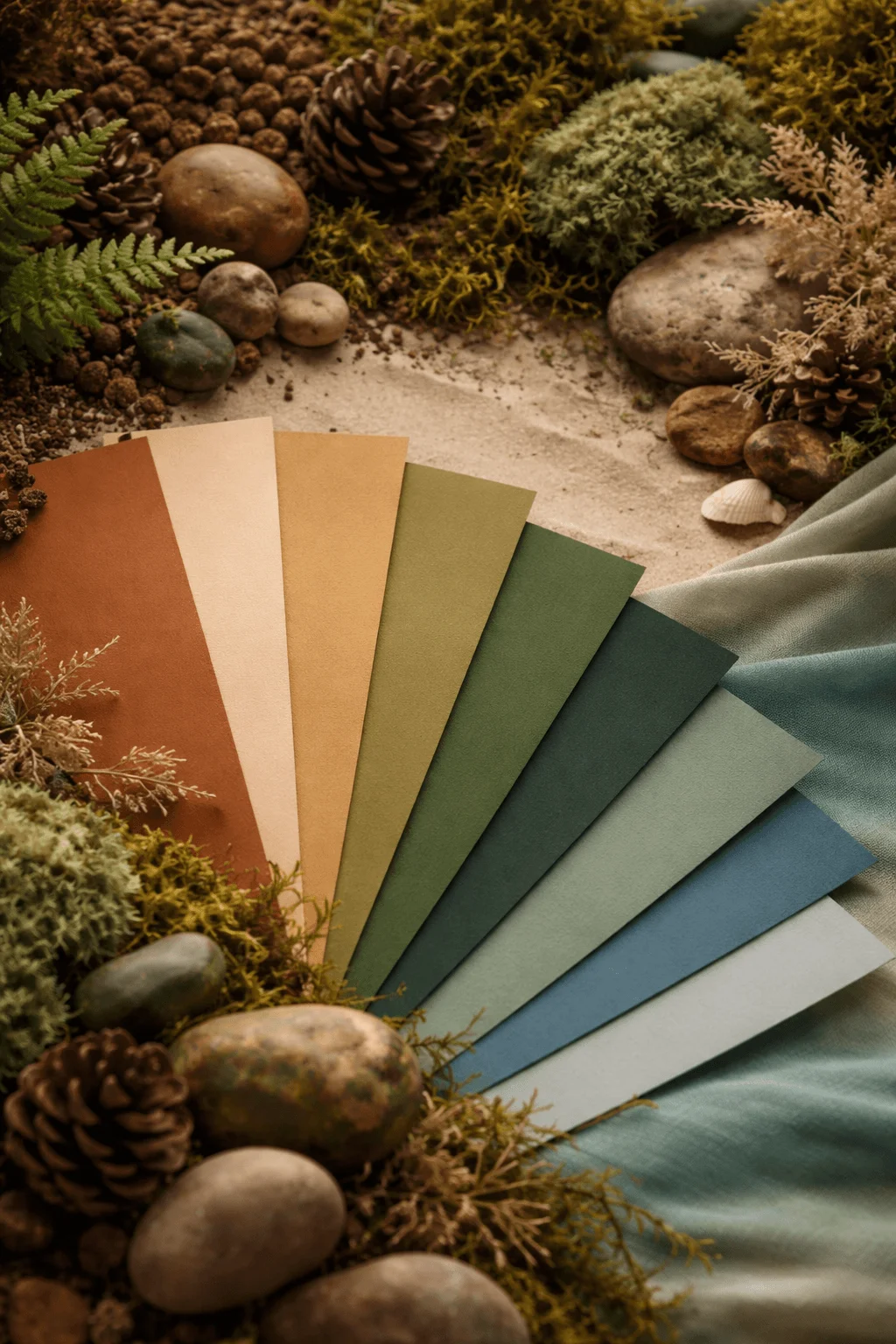 Fan of earthy color swatches in warm browns beige and green tones surrounded by natural elements like stones moss pinecones and fabric creating a nature inspired palette