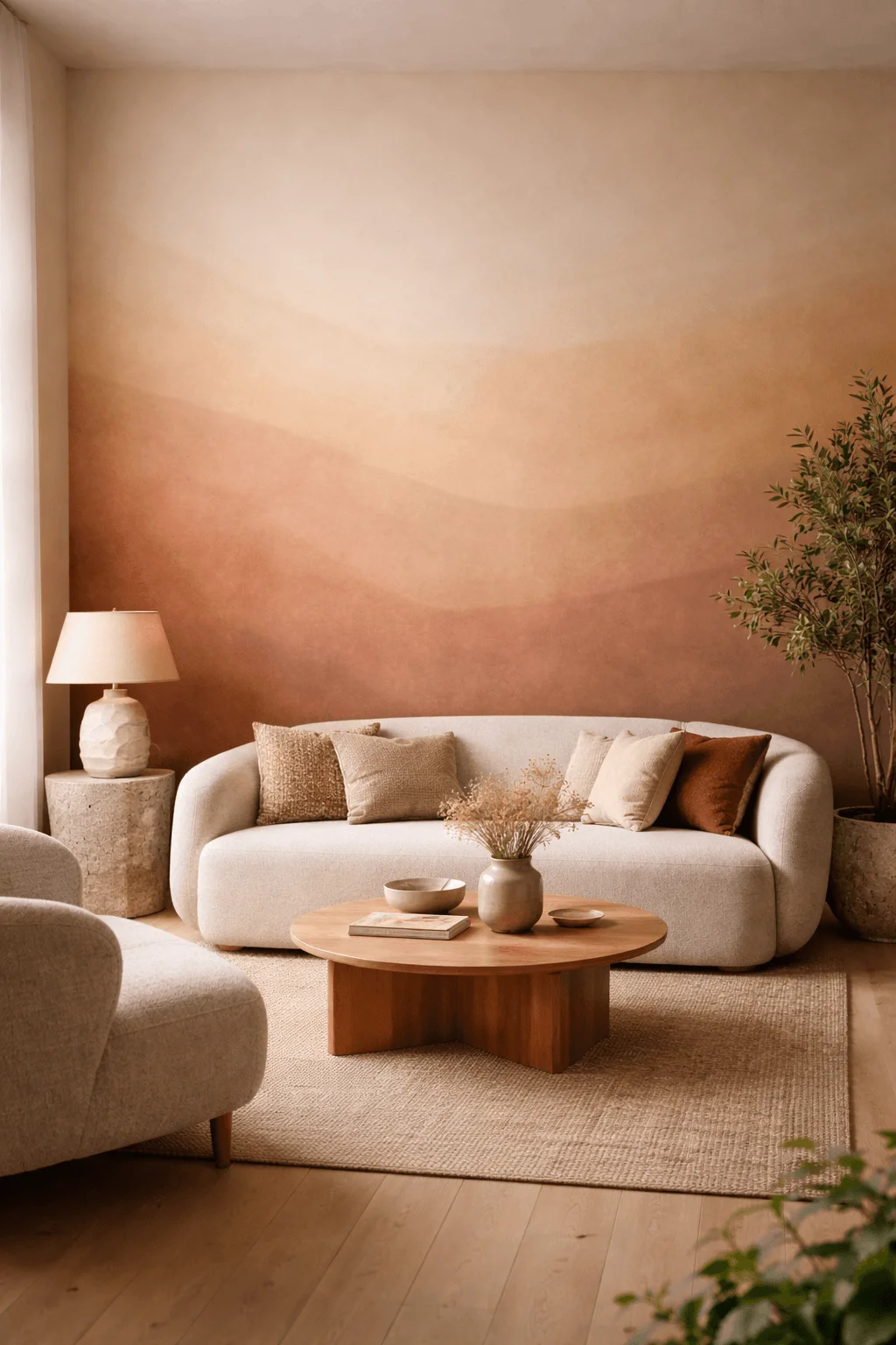 Minimal living room with an earth tone gradient wall in warm terracotta and beige shades paired with a curved neutral sofa wooden coffee table soft decor and natural elements creating a calming and harmonious atmosphere