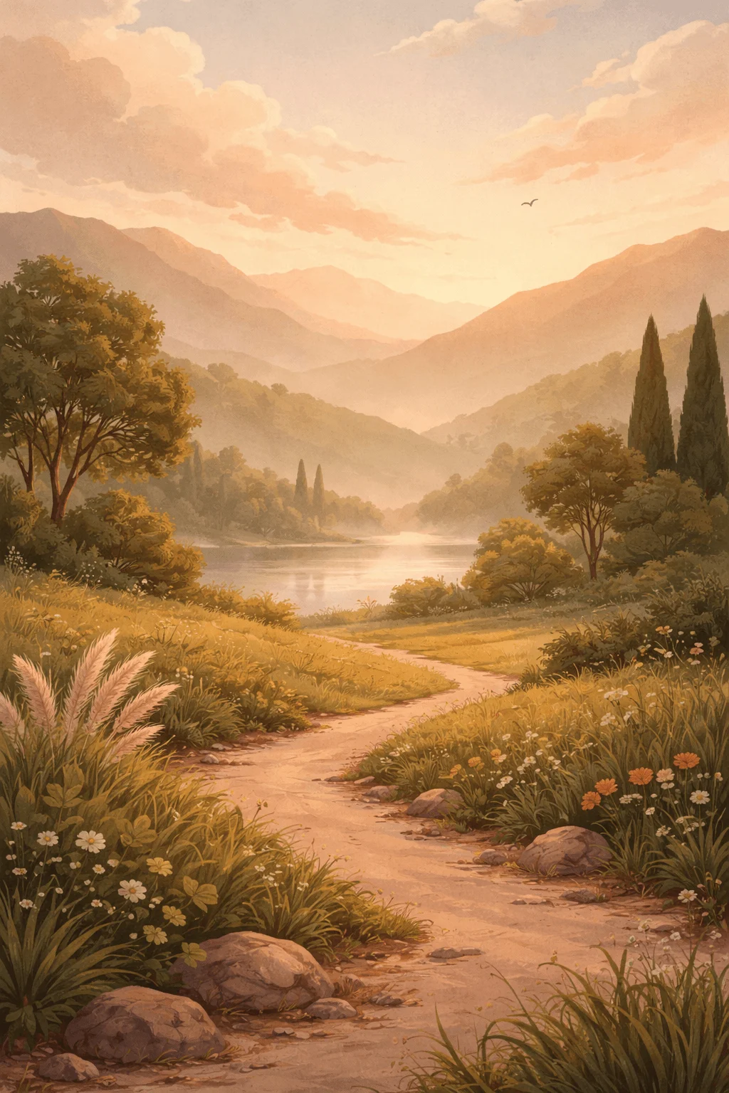 Soft atmospheric landscape illustration of a winding dirt path through wildflowers and grasses leading to a calm lake with layered mountains and trees in the background under a warm pastel sunset sky