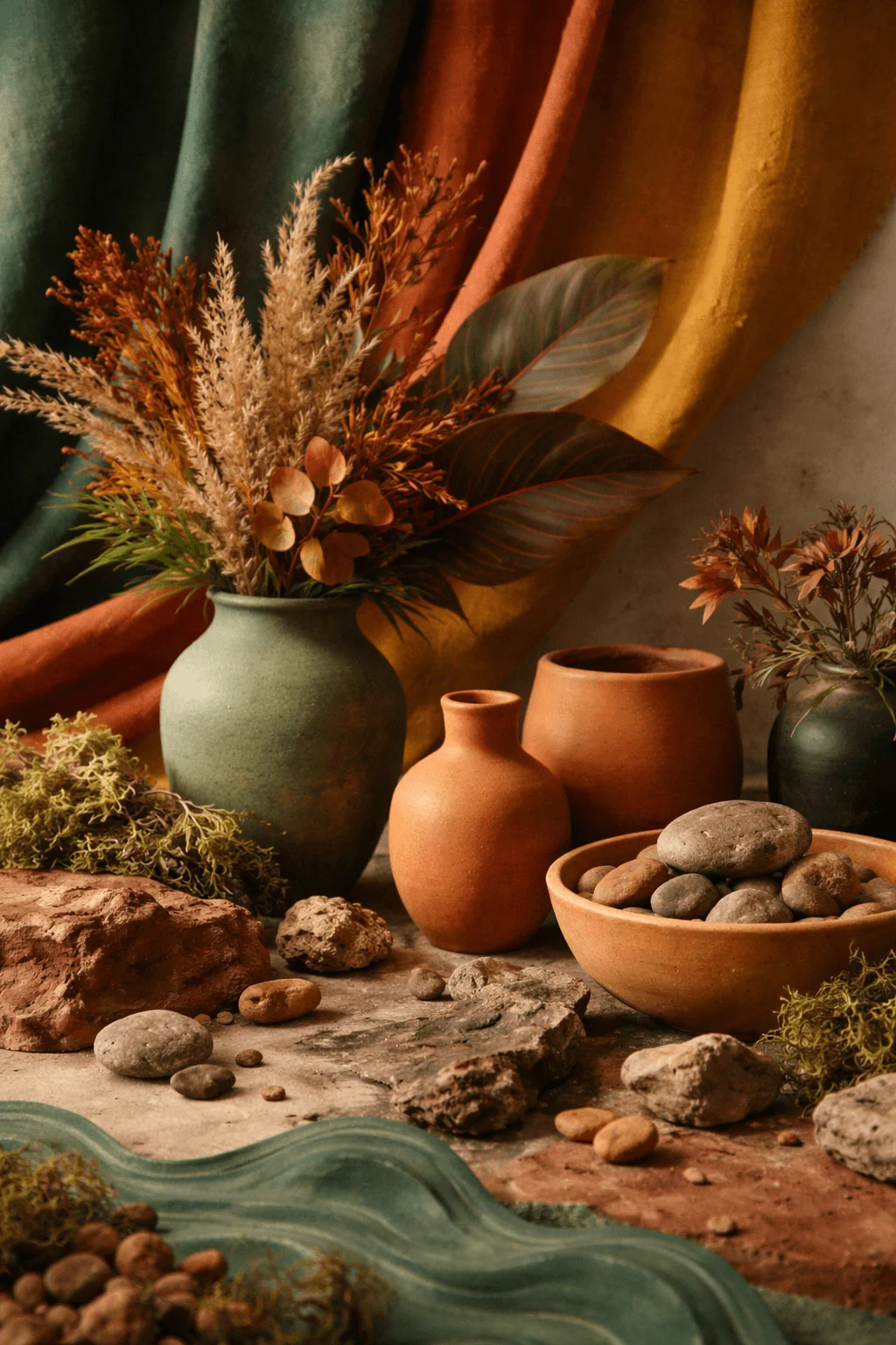Earthy still life with ceramic vases dried plants stones and textured fabrics in warm green brown and terracotta tones creating a natural organic color palette