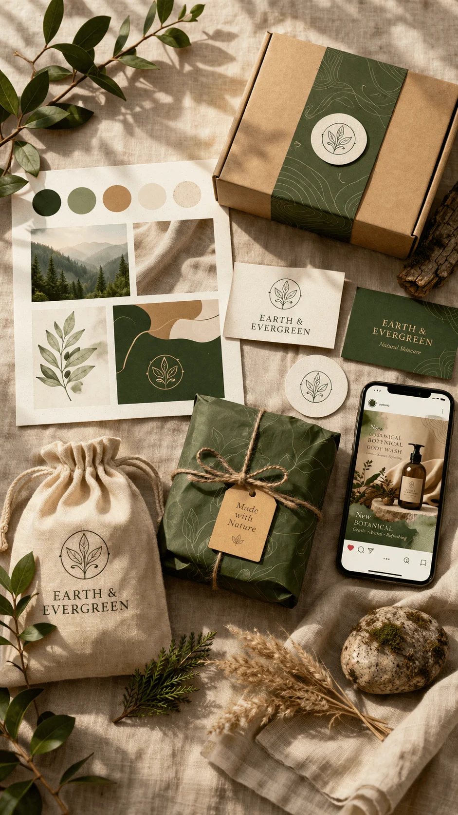Eco friendly branding set with natural packaging materials including kraft boxes cloth pouch wrapped gift botanical prints color palette samples business cards and mobile interface for a sustainable skincare brand