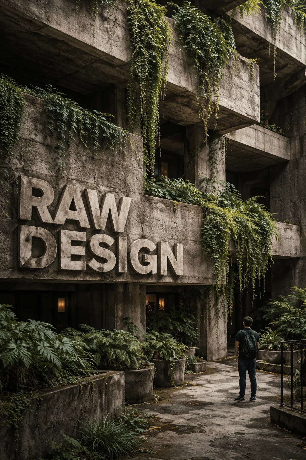 Concrete brutalist building covered with lush greenery and vines featuring large raw design text with a person standing in the courtyard surrounded by plants