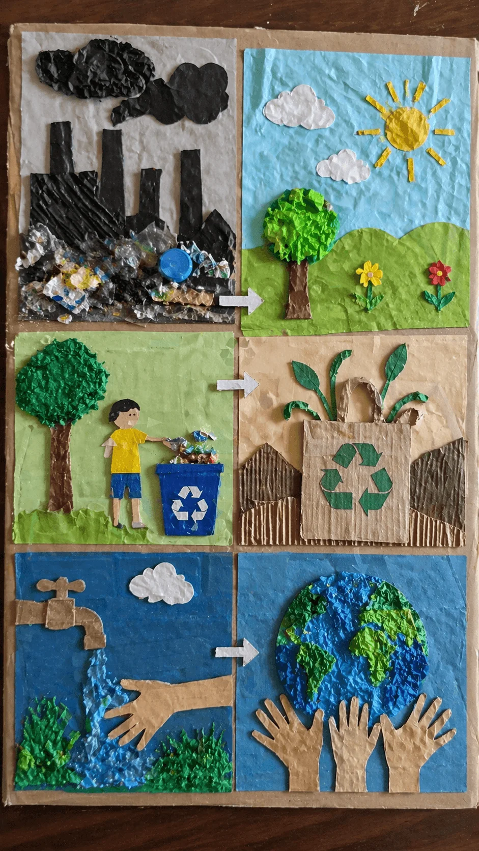 Handmade collage showing steps from pollution to recycling clean environment water conservation and protecting the earth